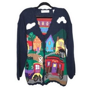 Vintage Karen Scott Hand Knits Village Train Cardigan